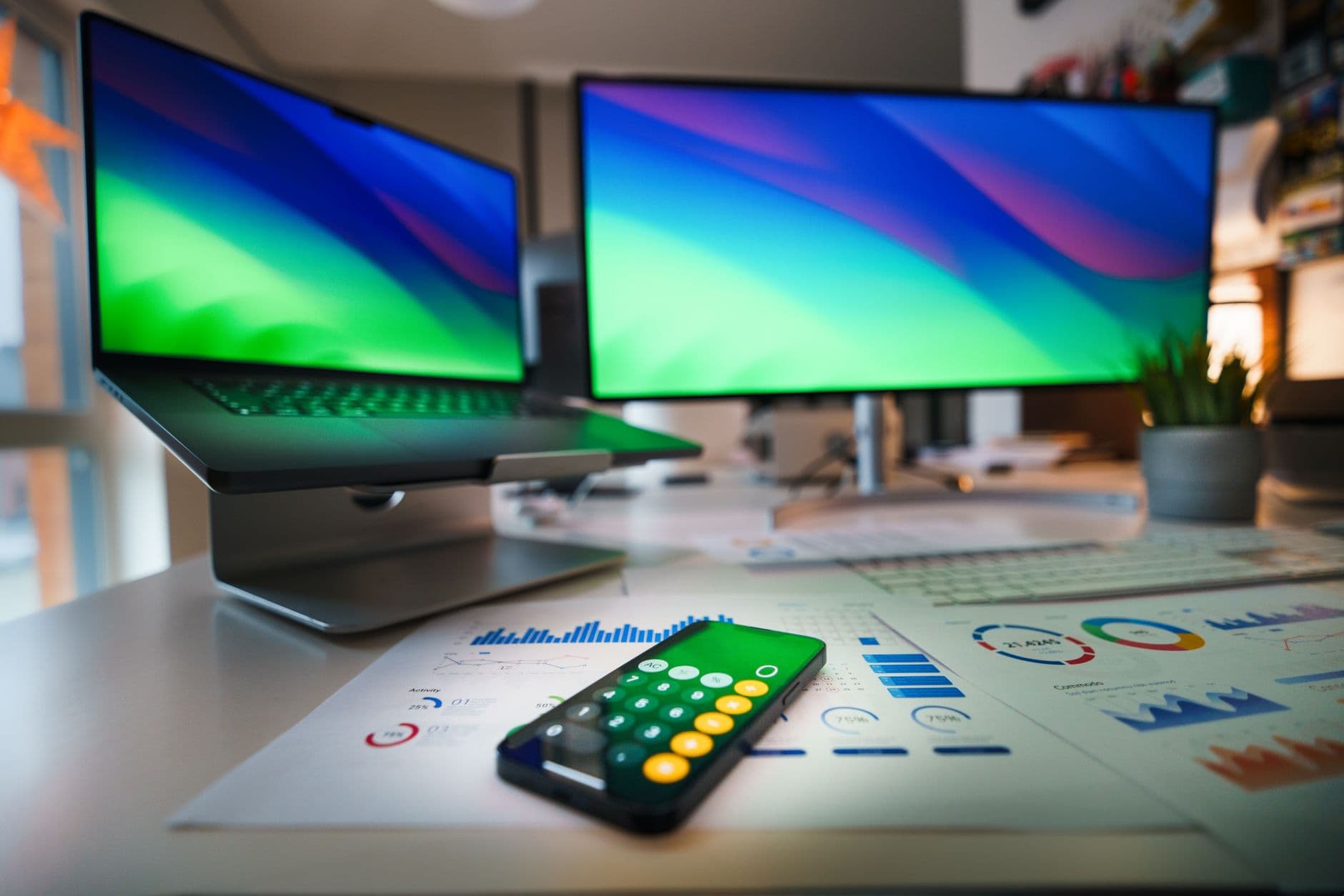 A smartphone ringing on an office desk